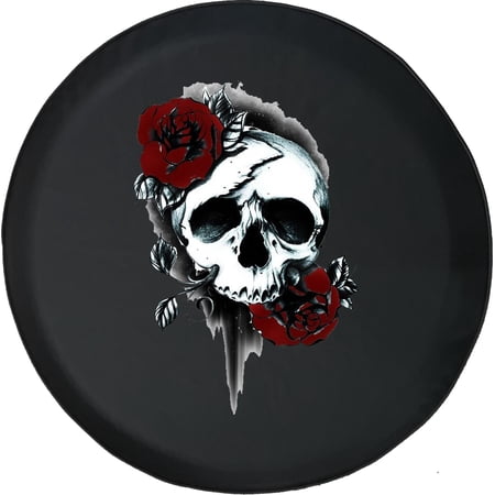 Black Tire Covers - Tire Accessories for Campers, SUVs, Trailers, Trucks, RVs and More | Red Roses and Skull Black 29 Inch