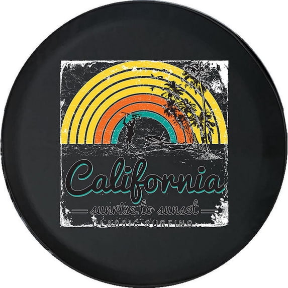 Black Tire Covers - Tire Accessories for Campers, SUVs, Trailers, Trucks, RVs and More | Retro California Sunset Surf Black 32 Inch