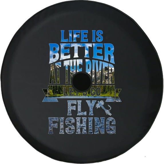 Black Tire Covers - Tire Accessories for Campers, SUVs, Trailers, Trucks, RVs and More | River Fly Fishing Black 32 Inch With Backup Camera Hole