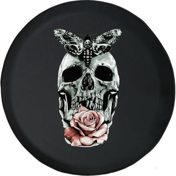Black Tire Covers - Tire Accessories for Campers, SUVs, Trailers, Trucks, RVs and More | Skull and Roses Tattoo Style Black 28 Inch