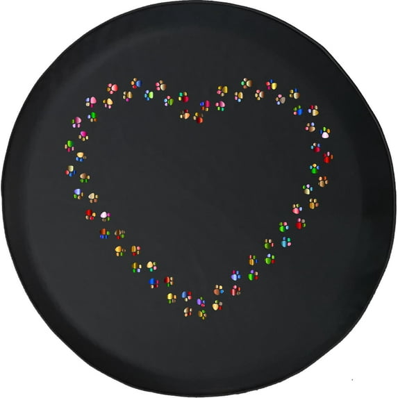 Black Tire Covers - Tire Accessories for Campers, SUVs, Trailers, Trucks, RVs and More | Small Multicolored Paw Pattern Heart Outline Black 28 Inch