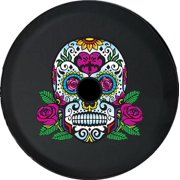 Black Tire Covers - Tire Accessories for Campers, SUVs, Trailers, Trucks, RVs and More | Sugar Skull Colorful Black 33 Inch with Backup Camera Hole