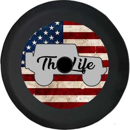 Black Tire Covers - Tire Accessories for Campers, SUVs, Trailers, Trucks, RVs and More | The Life USA Flag Black 33 Inch with Backup Camera Hole