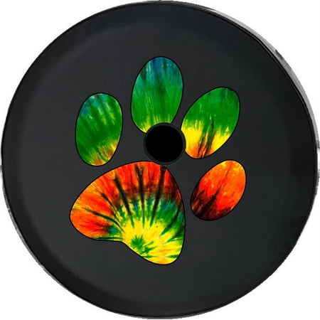 Black Tire Covers - Tire Accessories for Campers, SUVs, Trailers, Trucks, RVs and More | Tie Dye Paw Print Dog Black 33 Inch with Backup Camera Hole