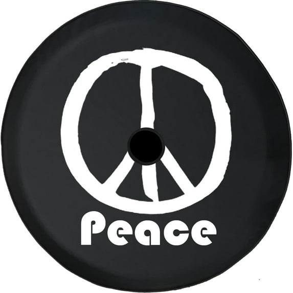 Black Tire Covers - Tire Accessories for Campers, SUVs, Trailers, Trucks, RVs and More | Vintage Peace Sign Black 33 Inch with Backup Camera Hole