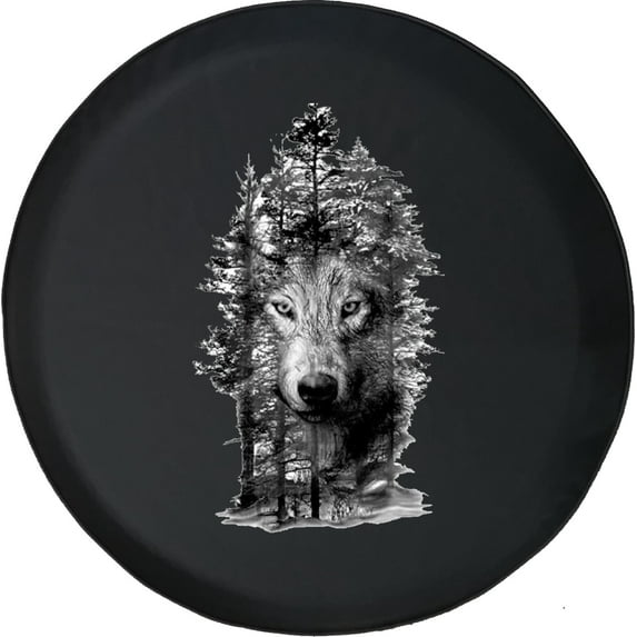Black Tire Covers - Tire Accessories for Campers, SUVs, Trailers, Trucks, RVs and More | Wolf in The Forest Tattoo Style Black 33 Inch