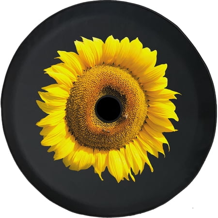 Black Tire Covers - Tire Accessories for Campers, SUVs, Trailers, Trucks, RVs and More | Yellow Sunflower Black 32 Inch With Backup Camera Hole