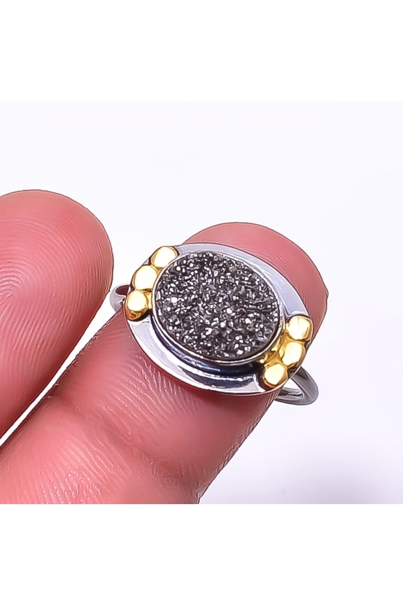 Black Titanium Agate Drusy Black And Gold Plated 925 Sterling Silver Ring s.8, Black Titanium Agate Drusy Ring R_9490_293_37