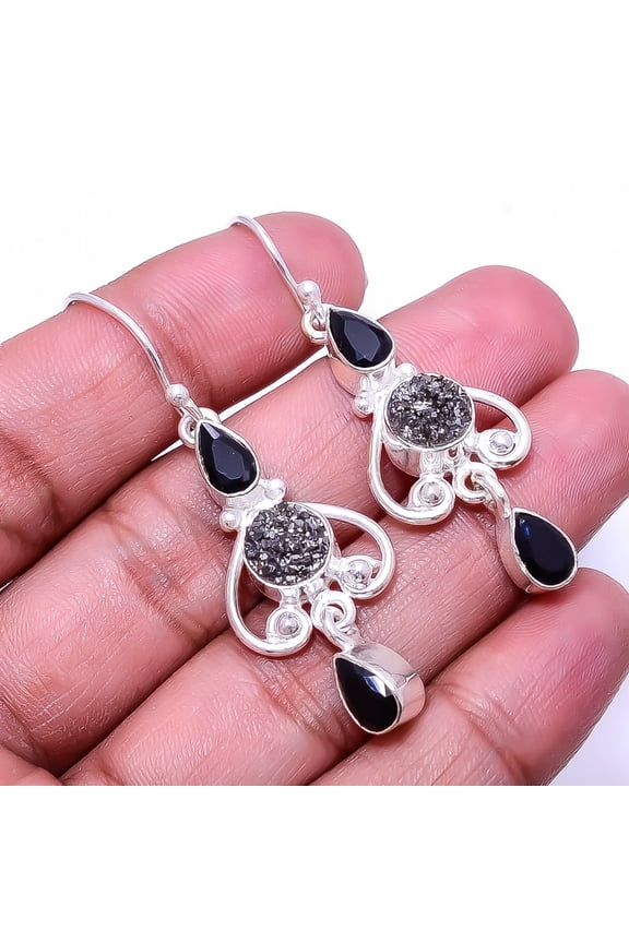 Black Titanium Agate Drusy & Black Onyx Multi Collet 925 Sterling Silver Earring 1.95", Black Titanium Agate Drusy Earring E_8006_361_30