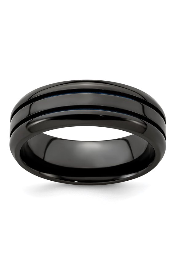 Black Titanium Beveled and Grooved Blue Anodized 8mm Bridal Engagement Wedding Band Ring Fine Jewelry For Women Gifts For Her, Size 11.5