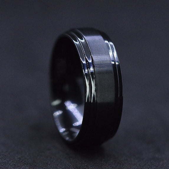 Black Titanium Brushed Double Ridged Band, Size 8