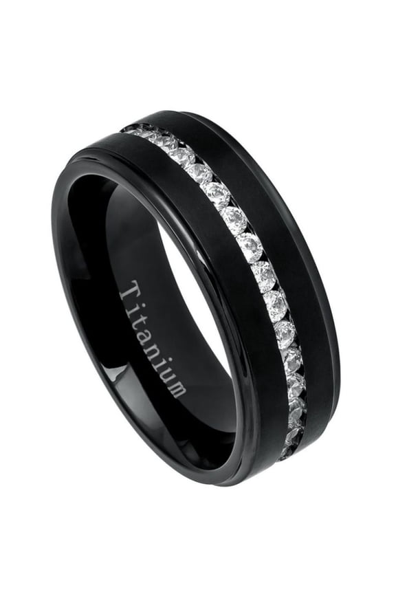 Black Titanium Channel Set Clear CZ Brushed Center Eternity Ring Size 8