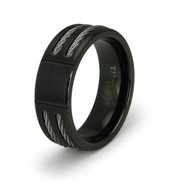 Tioneer Black Titanium Double Cable Inlay Wedding Band Ring For Unisex 8mm.