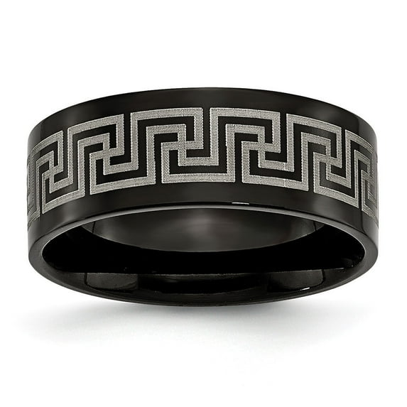 Black Titanium Greek Key Laser Etched 8mm Brushed and Polished Band Ring - Size 7.5
