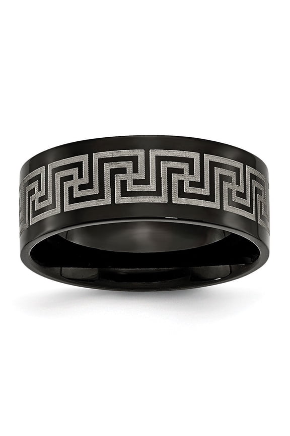 Black Titanium Greek Key Laser Etched 8mm Brushed and Polished Band Ring - Size 8
