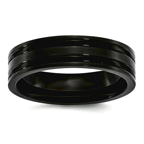 Black Titanium Grooved 6mm Brushed and Polished Band Ring Size 7.5 Ring for Women and Men