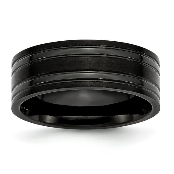 Black Titanium Grooved 8mm Brushed and Polished Band Ring - Size 8
