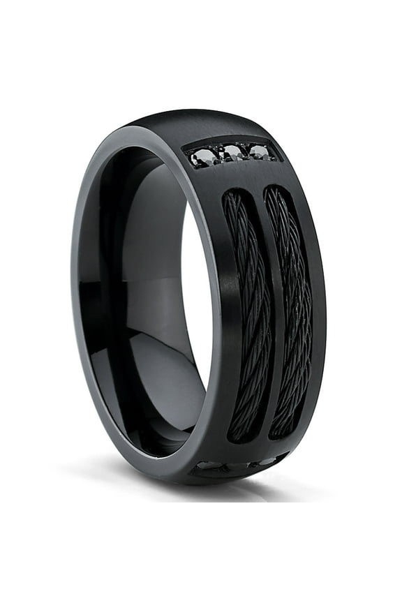 Black Titanium Mens Ring Simulated Diamond Band Steel Cables Black Cubic Zirconia Comfort-Fit