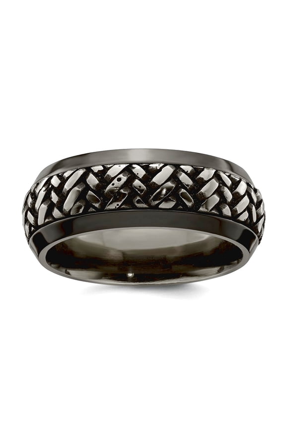 Black Titanium Patterned Beveled Edge and Titanium Woven Design Beveled Casted 9mm Band Size 8.5 Ring for Women and Men