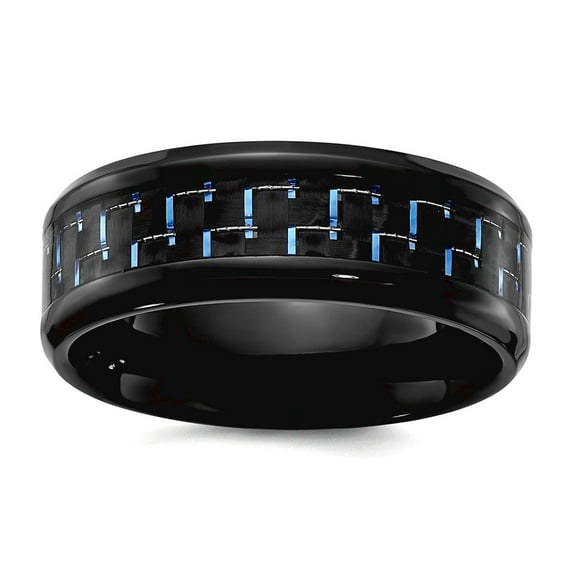 Titanium Polished With Black and Blue Carbon Fiber Inlay 8mm Band Size 10.5 Ring for Women and Men