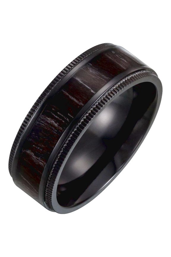 Black Titanium Polished disk-edge Comfort-fit Band With Oak Wood Inlay Size 10.5 Ring for Women and Men