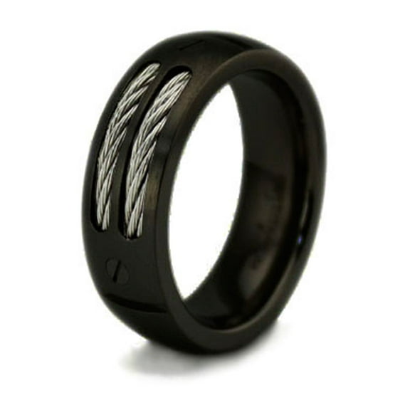 Tioneer Black Titanium Screw Accent Dual Cable Inlay Wedding Band Ring