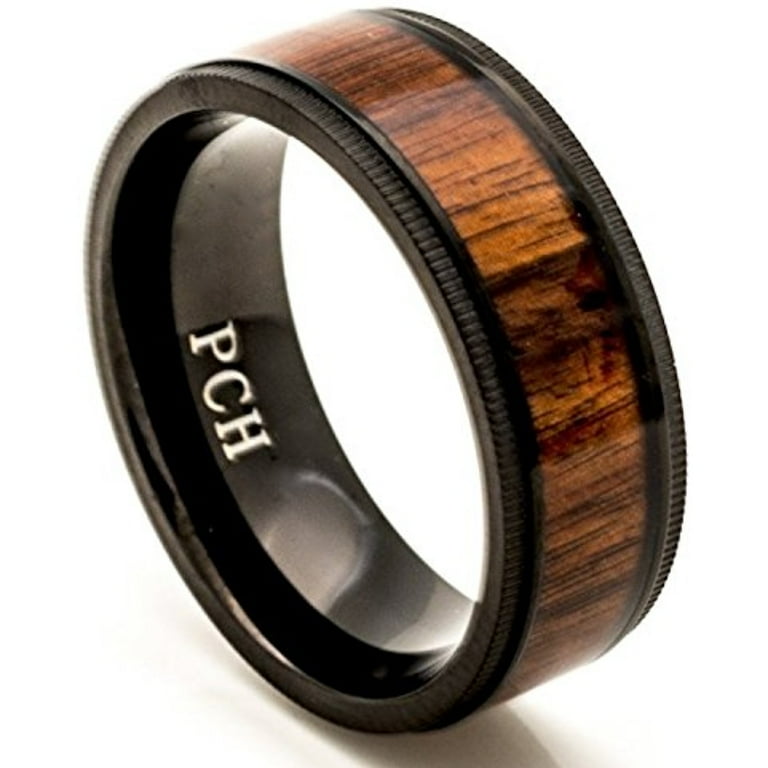 Black Titanium Wedding Band Hawaiian Koa Wood Inlay Milgrain Edge