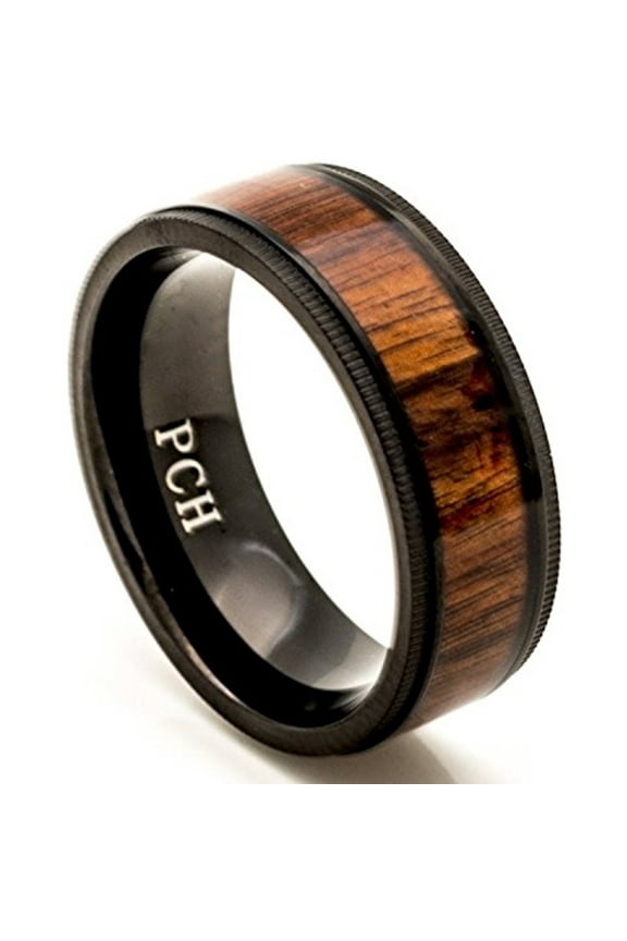 Black Titanium Wedding Band Hawaiian Koa Wood Inlay Milgrain Edge Comfort Fit (12)