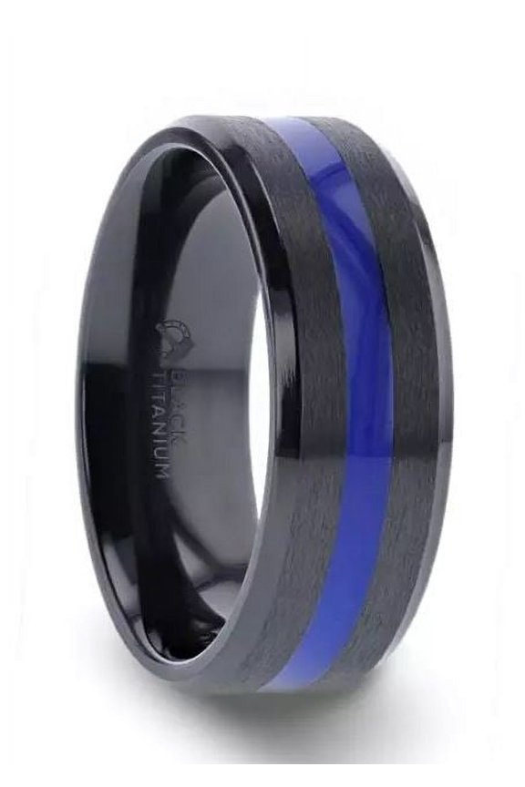 Black Titanium With Blue Stripe Inlaid Polished Ring | Thorsten