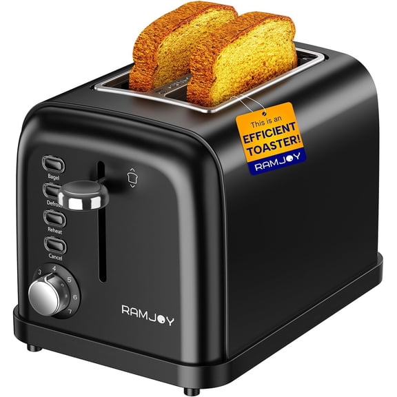 Black Toaster 2 Slice, Extra Wide Slot Toaster for Bagels, Bread, Waffles, 7 Shade Settings, 4 Main Functions, Removable Crumb Tray, 900 Watts Toasters, Black Stainless Steel