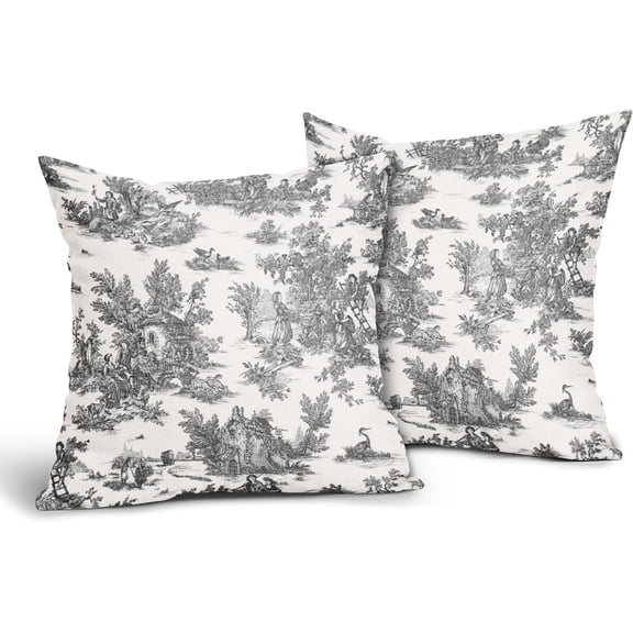 Black Toile Pillow Covers 16x16 Inch Set of 2 Black and White French Country Linen Decorative Throw Pillow Case English Cottage Vintage Cushion Cover for Bedroom Sofa Living Room