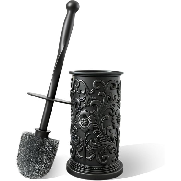 Black Toilet Brush and Holder Set, Floral Embossed Design Plastic Toilet Bowl Brush Set with Durable Bristles, Space-Saving Bathroom Cleaning Tool for Modern Decor