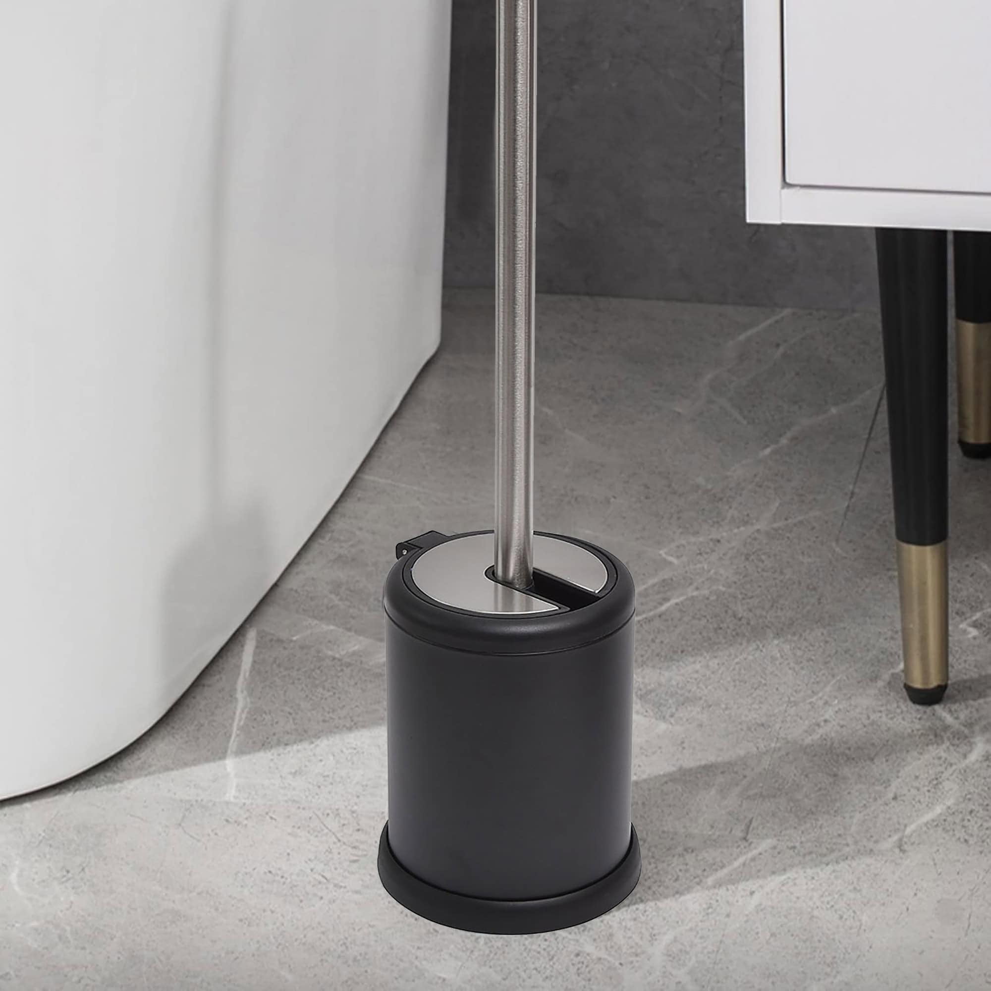 Compact Black and Stainless Steel Toilet Brush Set with Folding Lid
