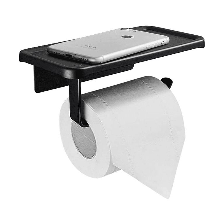 Kyoffiie Black Toilet Roll Holder Aluminum Toilet Paper Holder with Phone Shelf Wall Mounted Toilet Roll Holder with Screws Durable Anti-rust Toilet