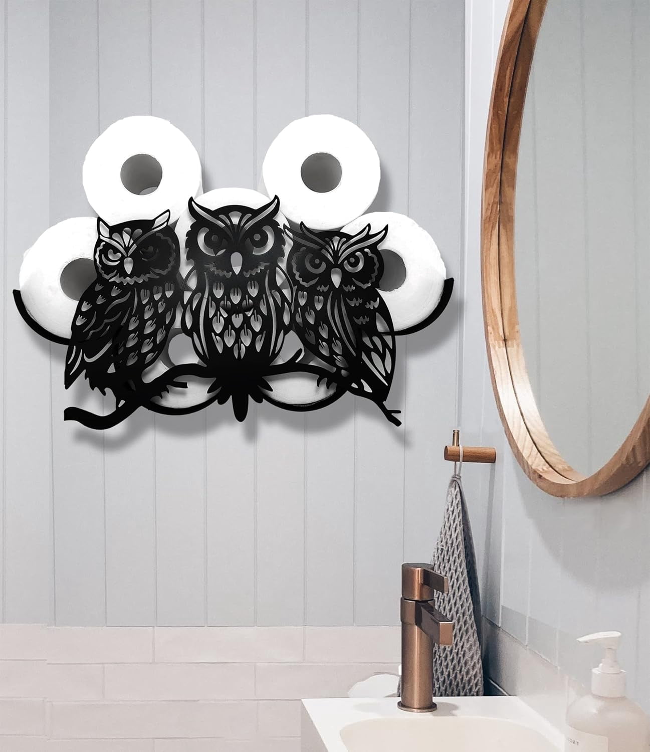 Black Toilet Tissue Holder with Metal Owl Wall Design, Animal Decorative Paper Holders, Cute ...