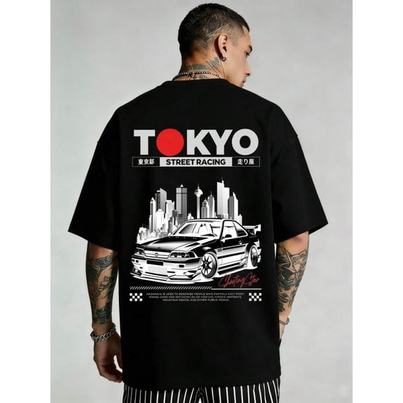 Black Tokyo Street Racing Graphic T-Shirt For Men, Loose Fit Streetwear Cotton Tee