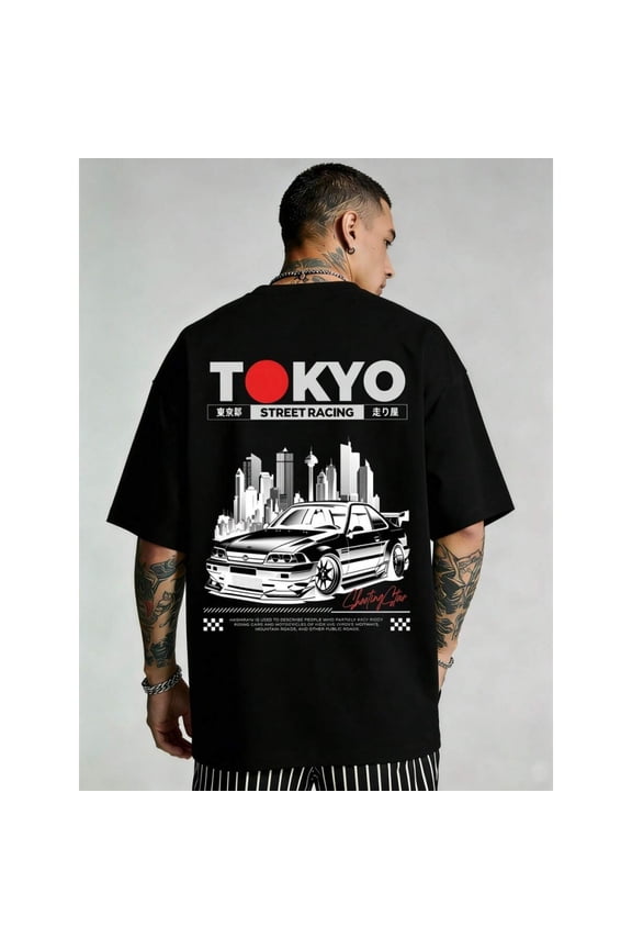 Black Tokyo Street Racing Graphic T-Shirt For Men, Loose Fit Streetwear Cotton Tee
