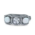 thumbnail image 1 of Black Tone, Simulated Cubic Zirconia Size-10 Halo Cushion Art Deco Three Stone Wedding Bridal Ring Created White Opal 925 Sterling Silver, 1 of 7