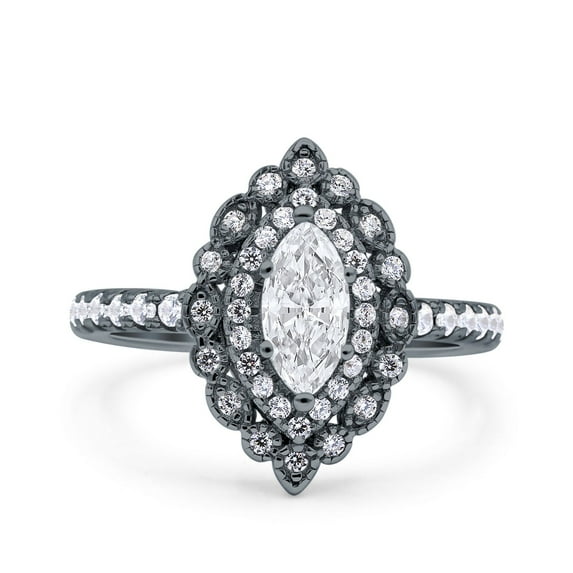 Black Tone, Simulated Cubic Zirconia Size-10 Halo Vintage Style Art Deco Solitaire Accent Marquise Wedding Engagement Ring 925 Sterling Silver
