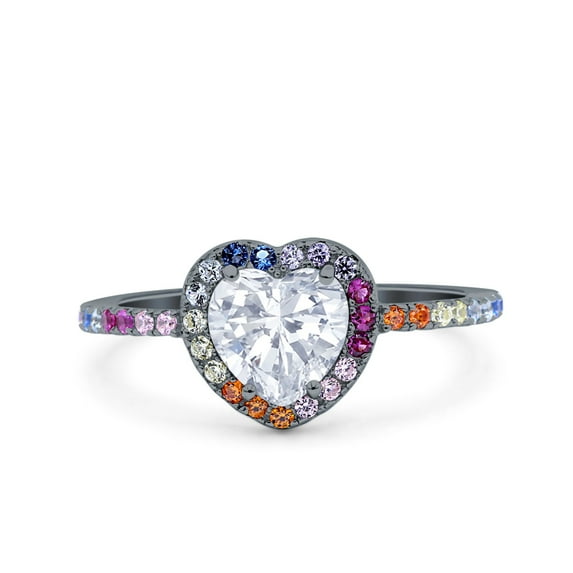 Black Tone, Simulated Cubic Zirconia Size-10 Heart Art Deco Multi Color Wedding Bridal Ring 925 Sterling Silver