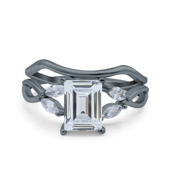 Black Tone, Simulated Cubic Zirconia Size-10 Two Piece Art Deco Emerald Cut Wedding Engagement Ring Marquise 925 Sterling Silver