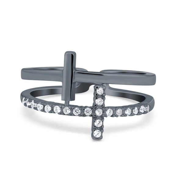 Black Tone, Simulated Cubic Zirconia Size-5 Sideways Cross Ring Round 925 Sterling Silver