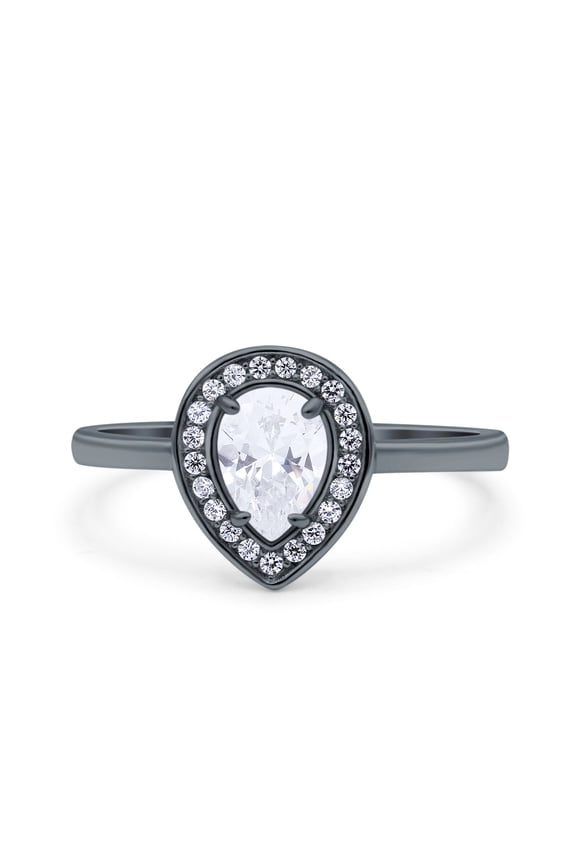 Black Tone, Simulated Cubic Zirconia Size-5 Teardrop Pear Art Deco Wedding Bridal Engagement Ring 925 Sterling Silver