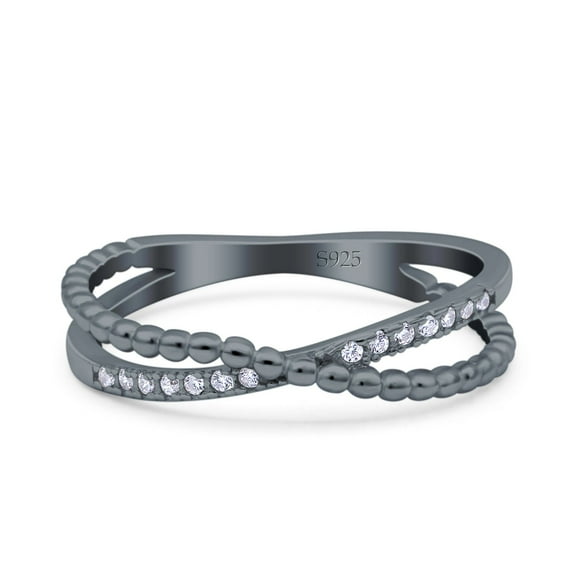 Black Tone, Simulated Cubic Zirconia Size-6 Beaded Criss Cross Wedding Ring 925 Sterling Silver