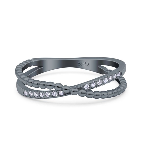 Black Tone, Simulated Cubic Zirconia Size-6 Beaded Criss Cross Wedding Ring 925 Sterling Silver