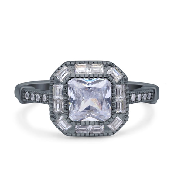 Black Tone, Simulated Cubic Zirconia Size-6 Cushion Cut Engagement Ring Bezel Baguete Round 925 Sterling Silver