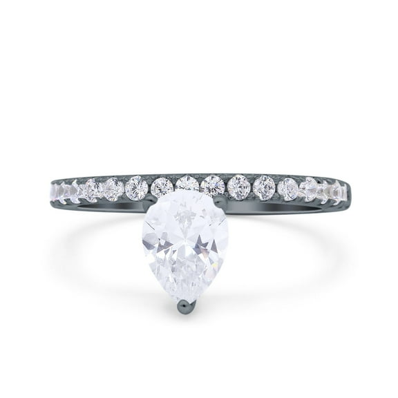Black Tone, Simulated Cubic Zirconia Size-6 Teardrop Art Deco Pear Wedding Engagement Bridal Ring Round 925 Sterling Silver