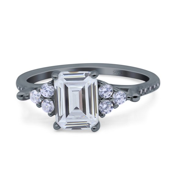 Black Tone, Simulated Cubic Zirconia Size-7 Art Deco Emerald Cut Wedding Bridal Ring 925 Sterling Silver