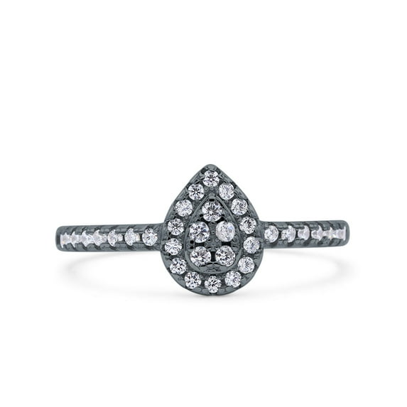 Black Tone, Simulated Cubic Zirconia Size-7 Art Deco Pear Halo Wedding Engagement Bridal Ring 925 Sterling Silver
