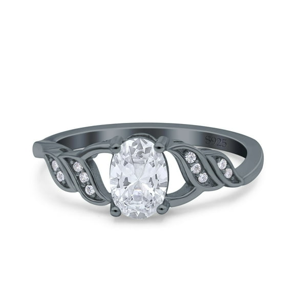 Black Tone, Simulated Cubic Zirconia Size-7 Oval Art Deco Wedding Engagement Bridal Ring 925 Sterling Silver